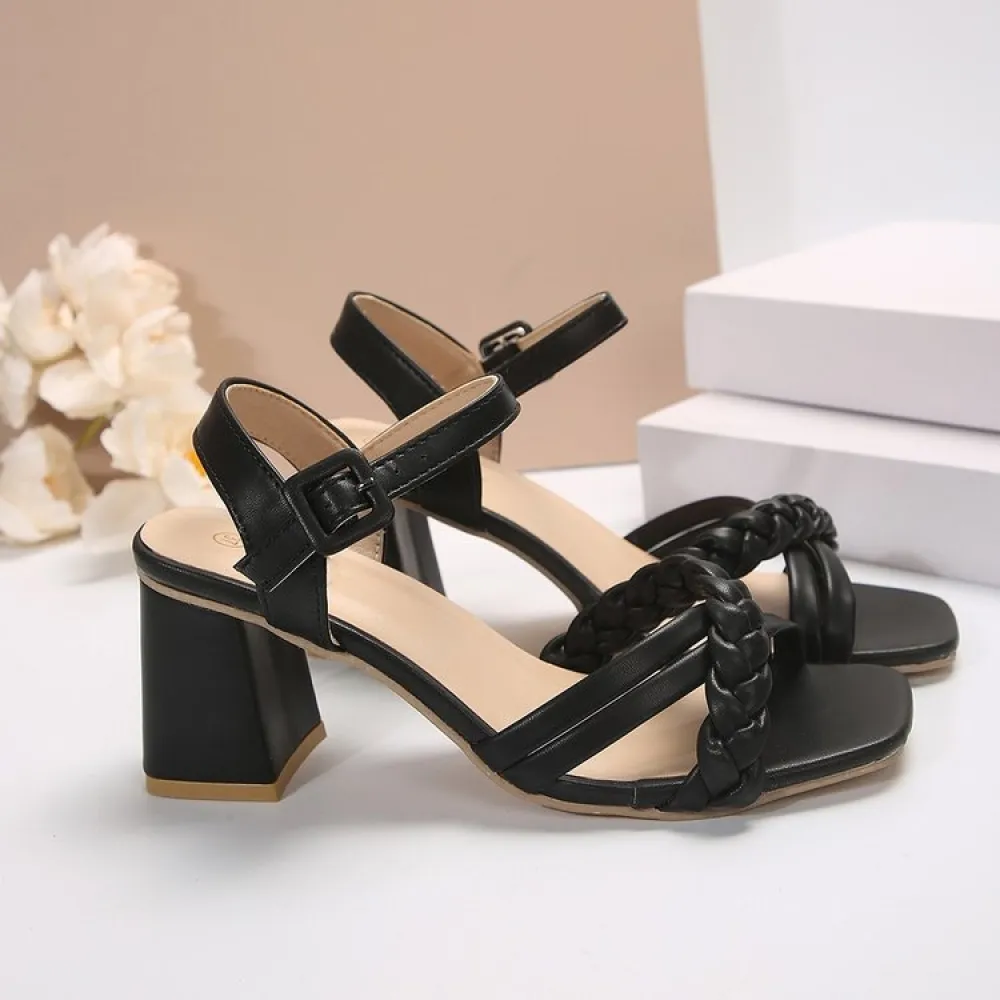 2024 Stylish New Summer High Heel Sandals for Women Roman Buckle One Line Thick Heel Sandals