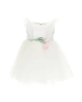 White Pleated Tulle Dress with Vertical Ruffles and Floral Applique for 12-18 Months
