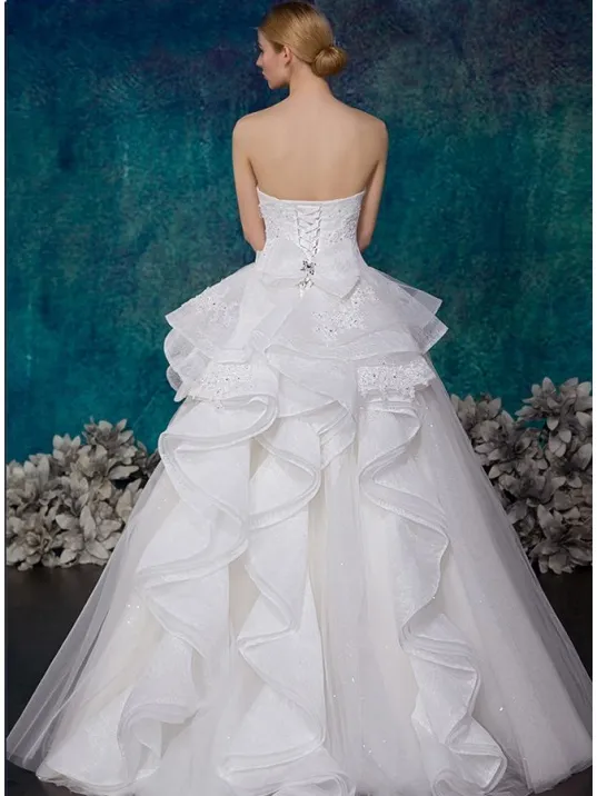 Affordable Glitter Tulle Wedding Dress with Ruffles and Lace Appliqués Online