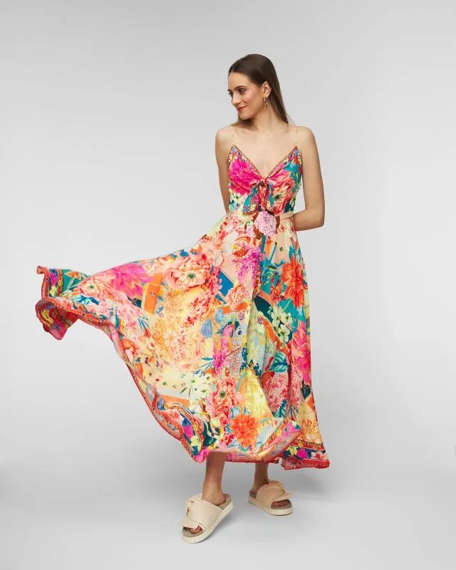 Silk Camilla Long Dress with Tie Front