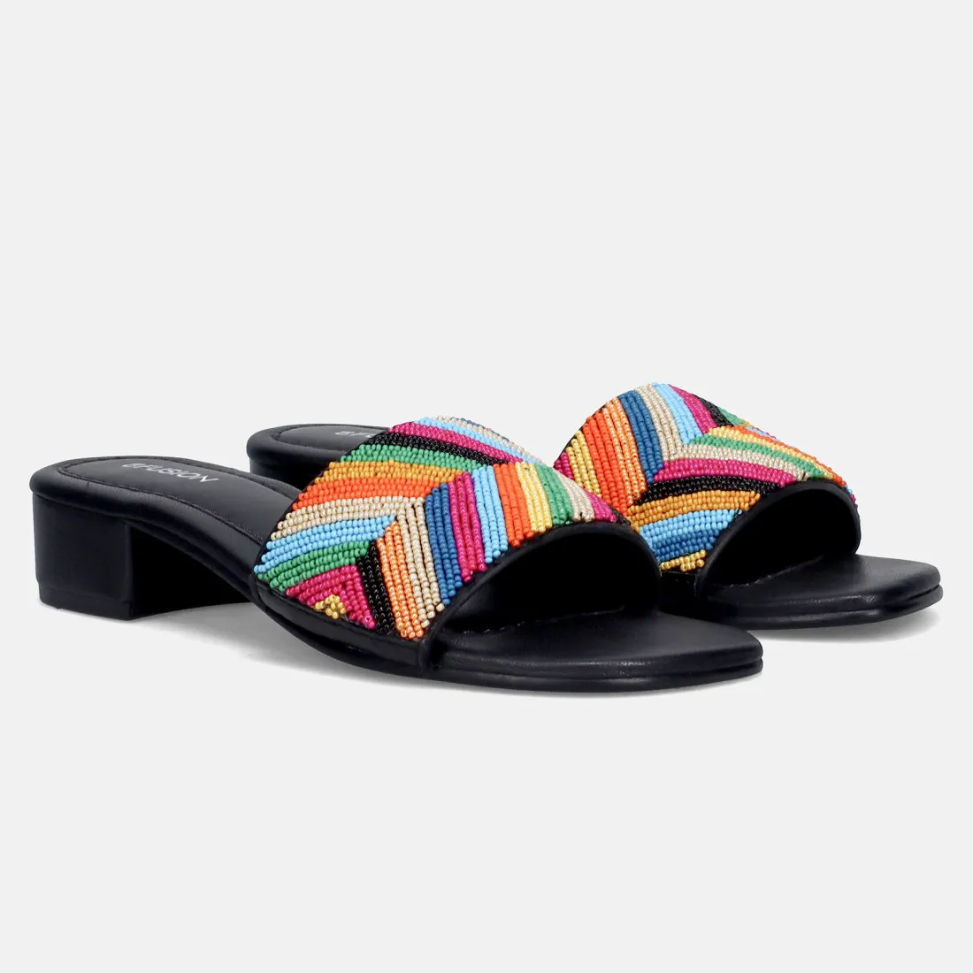 Black Fusion Ciabattina with Colorful Beads and Comfortable Heel.