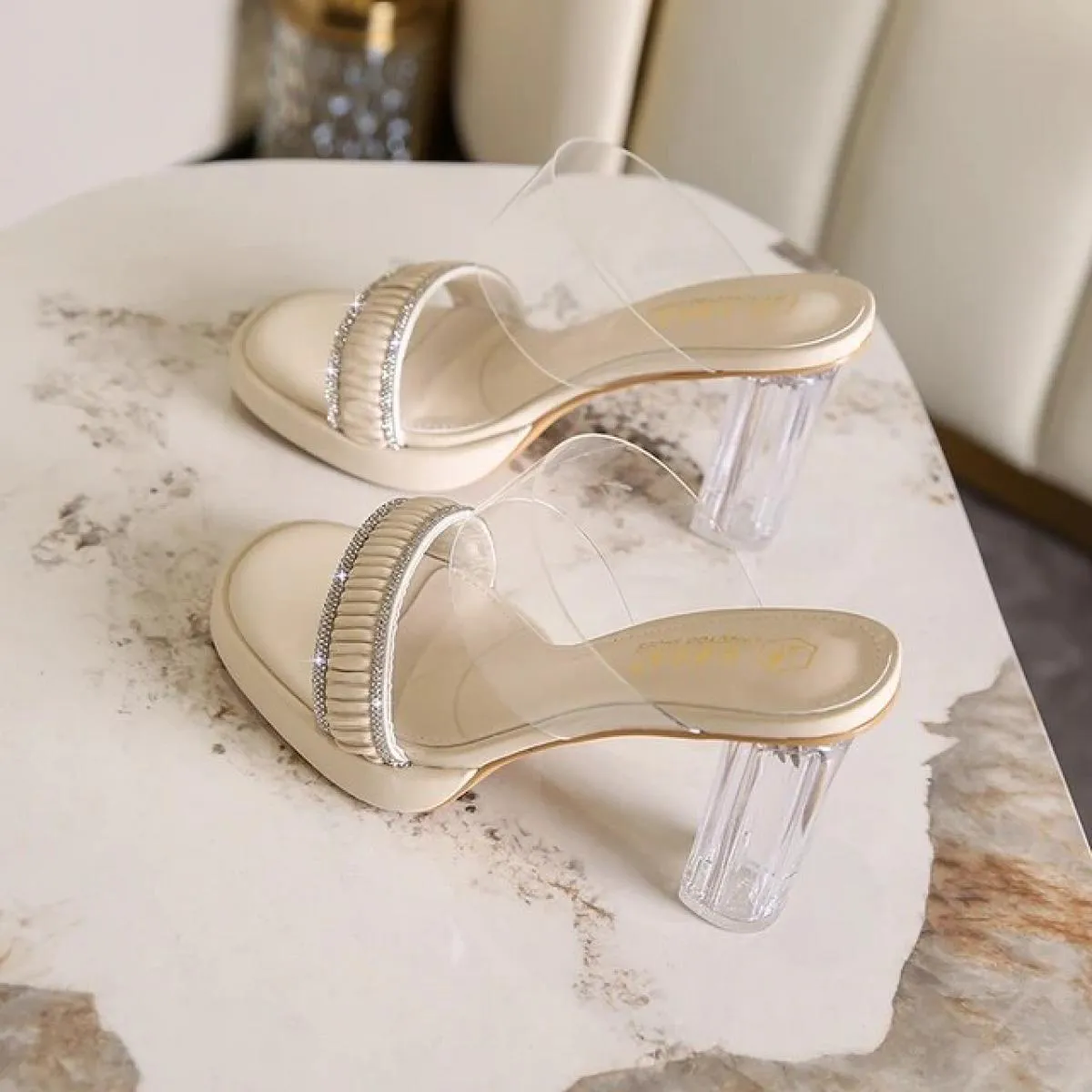 Crystal Bling Women's Platform Slides with High Heel Square Transparent Heeled Slippers New for Summer 2023.