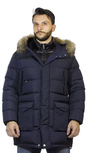 Long blue men's padded jacket with detachable fur hood and chest panel