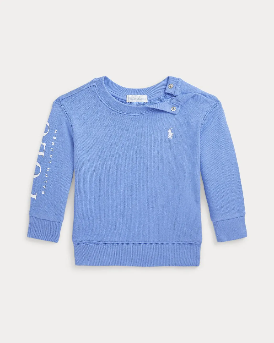 Sky Blue Cotton Crew Neck Sweater with White Logo Print on Right Sleeve, 12-24 months