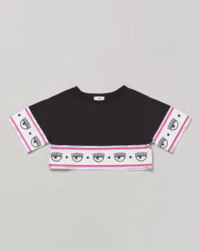 T-shirt nera cropped a mezza manica con fascia logo eyestar glitterata 4-6 anni