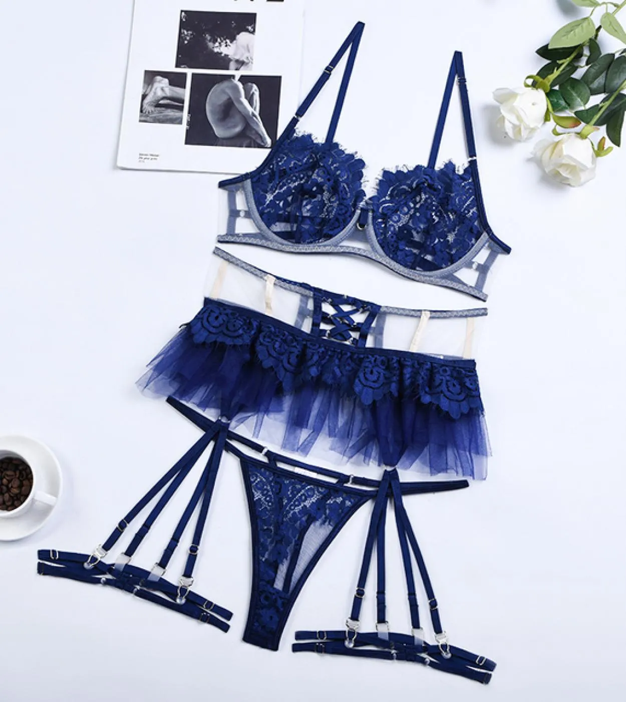 Luxury Lace 3-Piece Bra Set Vintage Patchwork Women's Lingerie Set